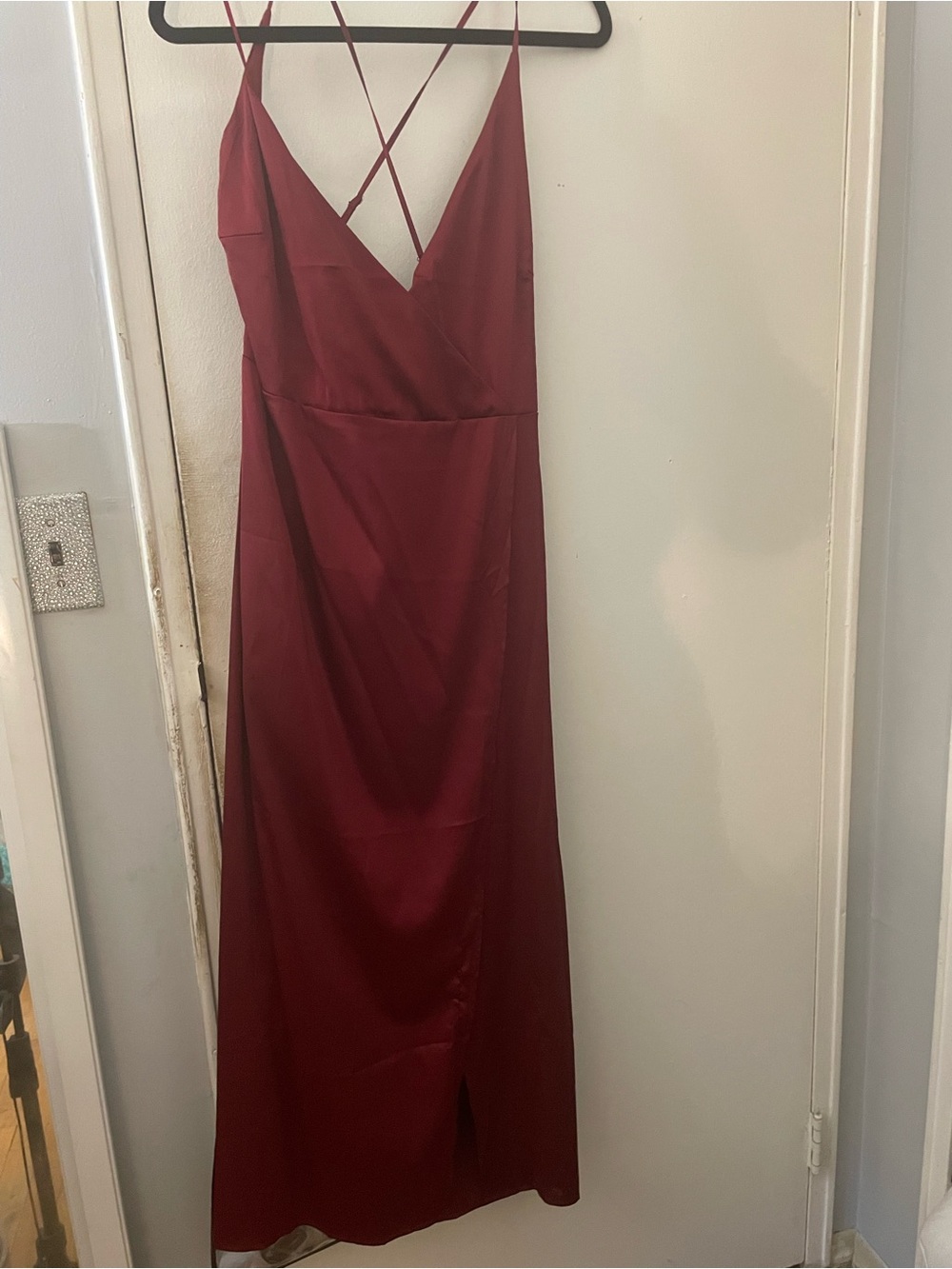 Lumiere Wine Red Maxi Slip Dress with Crisscross Back